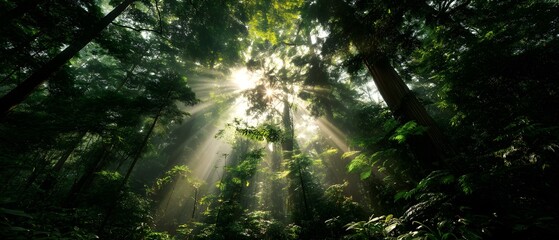 Obraz premium Sunbeams Filtering Through Lush Green Forest Canopy