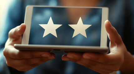 Person holding a tablet with two white stars displayed on the screen in a blurred background view