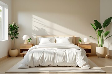Set 1:
Minimalist cozy bedroom interior with natural light, white bedding, wooden furniture, green plants, and soft shadows, creating a peaceful and calming home atmosphere.

