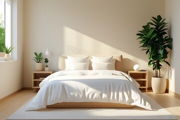 Set 1:
Minimalist cozy bedroom interior with natural light, white bedding, wooden furniture, green plants, and soft shadows, creating a peaceful and calming home atmosphere.


