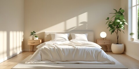 Set 1:
Minimalist cozy bedroom interior with natural light, white bedding, wooden furniture, green plants, and soft shadows, creating a peaceful and calming home atmosphere.

