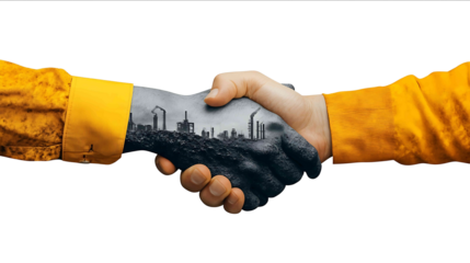 Abstract illustration of a handshake between nature and industry symbolizing balance and sustainability high contrast white background