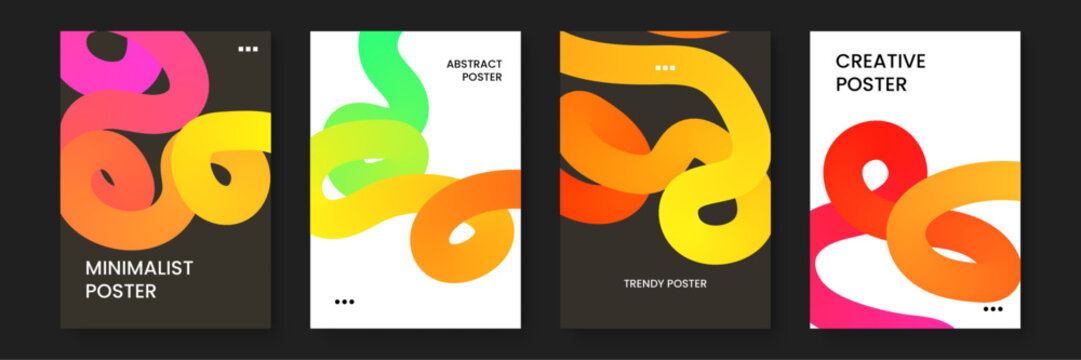 Four colorful abstract shape posters suitable for modern graphic design projects, advertising campaigns, web design backgrounds, and print media.