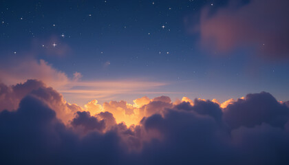 Fototapeta premium Dreamy night sky with glowing stars peeking through layers of soft, pastel-colored clouds 2