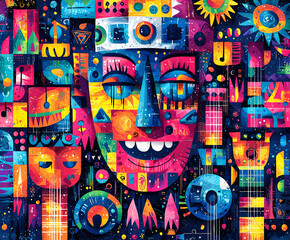 Fototapeta premium bright latin pop art illustration of stylized musical instruments (guitars, drums), bold outlines