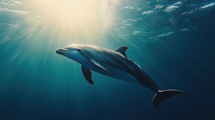 Naklejka premium Sunbeams illuminate dolphin in deep ocean