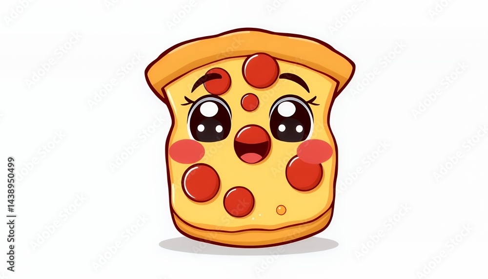 Poster cheerful kawaii pizza slice character with sparkling eyes and rosy cheeks against a clean white back