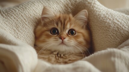 Obraz premium Fluffy orange kitten wrapped in blanket