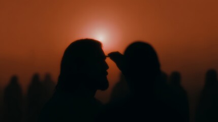 Fototapeta premium The Healing of the Blind Man, Jesus touching the eyes of the blind man, with a small crowd watching in awe, in a dusty village background with soft morning light.