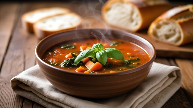 A steaming bowl of vegetable soup with carrots, spinach, and pasta garnished with basil, served in a rustic clay bowl on a wooden table with slices of fresh bread in the background.

 - Powered by Adobe