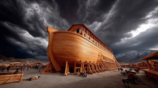 A close-up of Noah's Ark under construction with the Great Flood approaching.