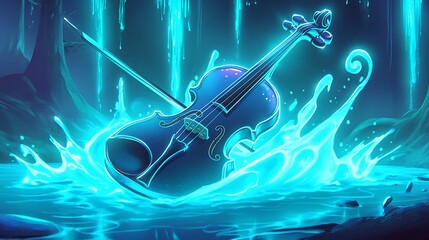 Fototapeta premium Mystical violin, glowing water, forest