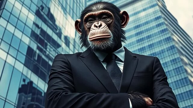 Confident chimpanzee in business suit in urban environment