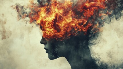 Fiery Woman Silhouette  Abstract Burning Head  Emotional Art