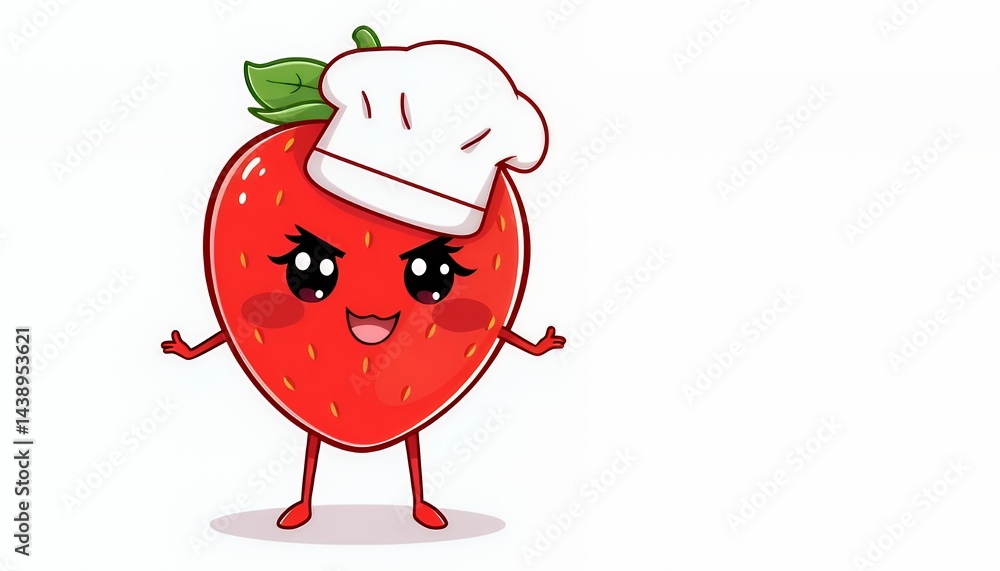 Aufkleber kawaii strawberry chef with white chef hat and expressive eyes isolated on white backdrop sweet trea