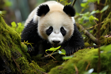 Obraz premium Adorable Giant Panda Cub in Lush Green Forest