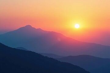 Fototapeta premium Subtle gradient sunrise blends into hazy mountain silhouette, art, atmosphere, design