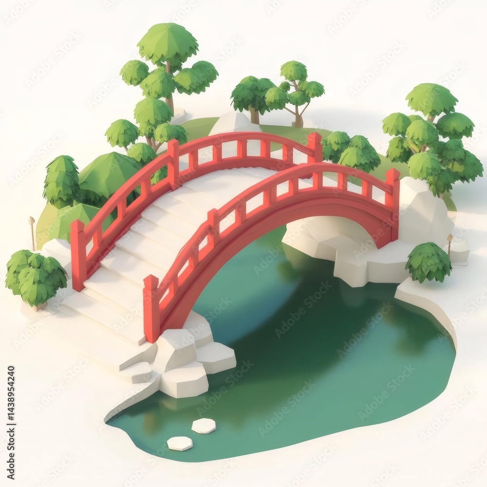 Aufkleber 赤い橋と庭園の美しい3dイラスト 水と緑の木々が特徴の日本の風景