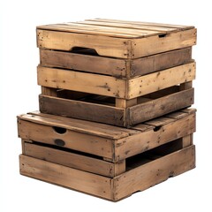 Stack of rustic wooden crates on a white isolated background.