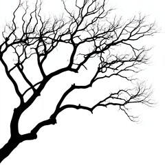 Obraz premium Silhouette of a bare tree with intricate branches, white isolated background.