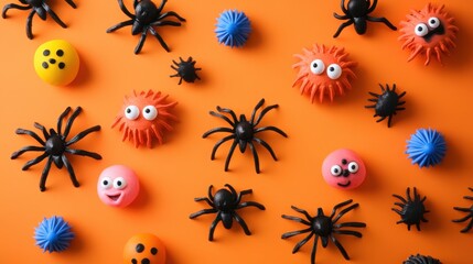 Halloween Spiders  Monsters   Pumpkins on Orange Background