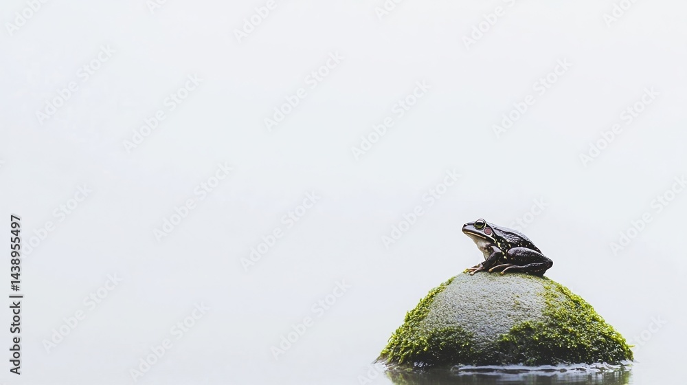 Poster a frog sits on a moss-covered rock in calm water, creating a tranquil and serene natural scene.