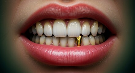 Close up of a mouth with glossy pink lips and white teeth with a single gold tooth in the bottom row