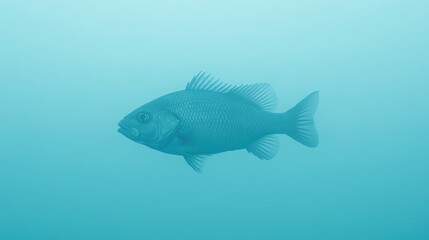 Naklejka premium A solitary fish swims gracefully in a serene underwater environment, surrounded by soft blue hues.