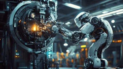 Fototapeta premium Cyber ​​robots perform complex mechanical repairs on high-tech machines