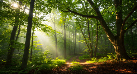 Naklejka premium Forest with Sun Rays and Green Leaves