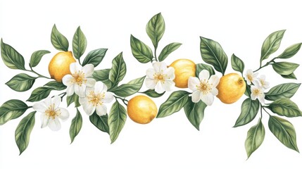 Obraz premium Watercolor Lemon Blossoms Fruit Border