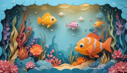 Naklejka premium A stylized scene of fish among plants.