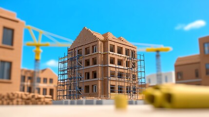 Construction of New Brick Building with Scaffolding and Cranes on Site