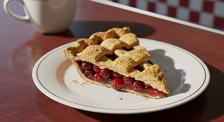 Serving of Cherry Pie on Plate with Mug in Diner Setting