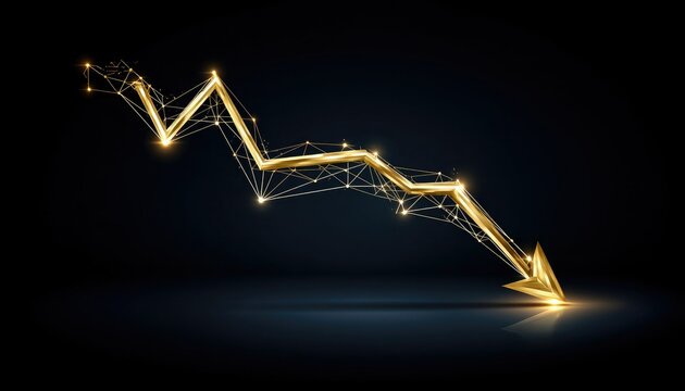 A golden, digital arrow zigzags downward on a dark background, symbolizing a decline or decrease in value or performance.