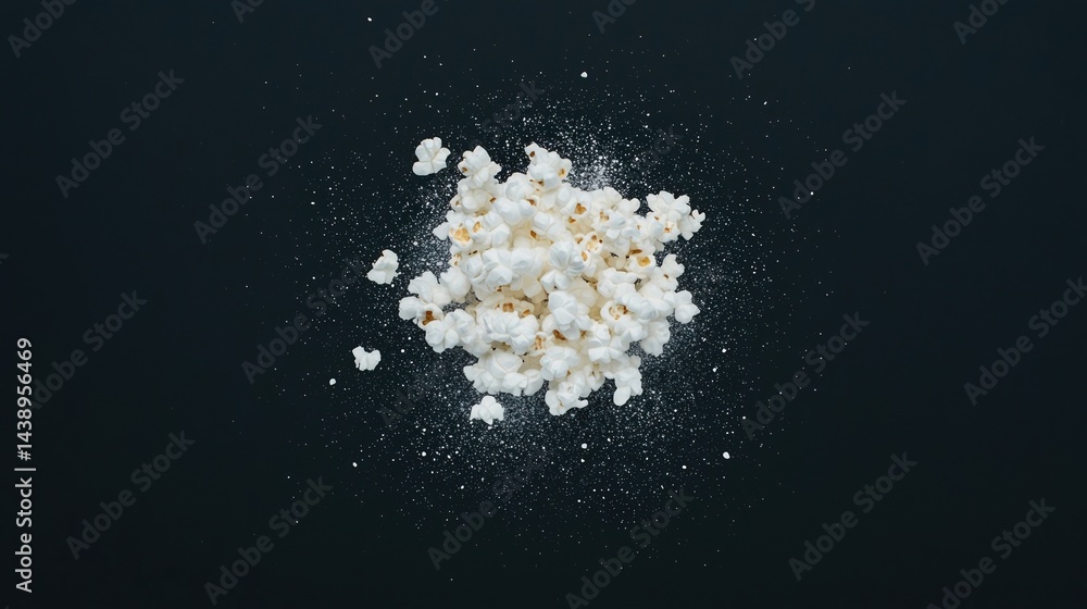 Poster a pile of popped popcorn scattered with a sprinkle of seasoning against a dark background, creating 