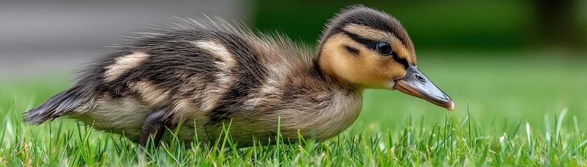 Fototapeta premium A close-up of a fluffy duckling walking on green grass, showcasing its detailed feathers and curious expression.