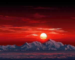 Fototapeta premium A glowing sun sets over snow-capped mountains beneath dramatic red clouds, creating a striking and vivid landscape scene.