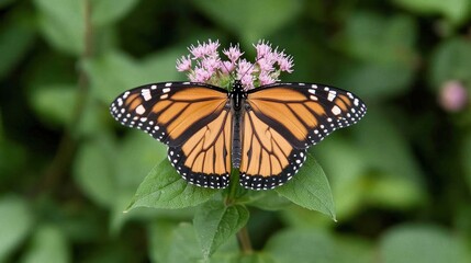Obraz premium A vibrant monarch butterfly perches on a flower, showcasing its striking orange and black wings against a lush green background.