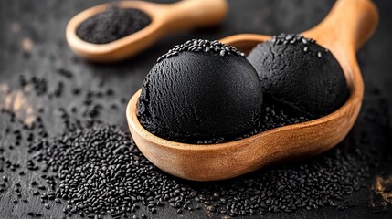Two scoops of dark ice cream in a wooden scoop, surrounded by black seeds