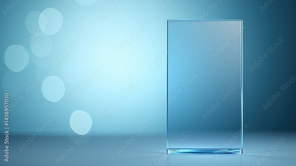 Poster a clear rectangular glass panel sits against a soft blue background, creating a minimalist and moder