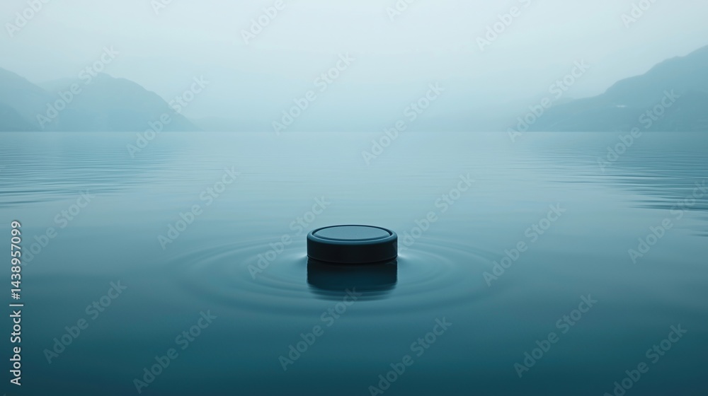 Poster a tranquil scene featuring a circular object floating on calm water, surrounded by misty mountains a