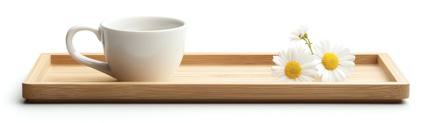 White cup and daisies on a wooden tray, isolated on white background.