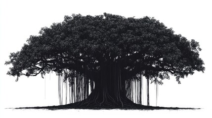 Silhouetted banyan tree against white background