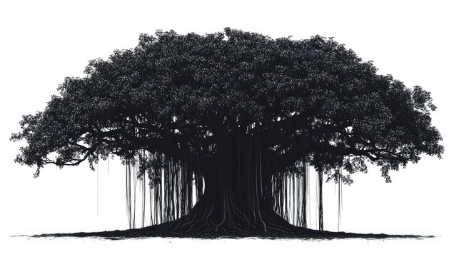 Silhouetted banyan tree against white background