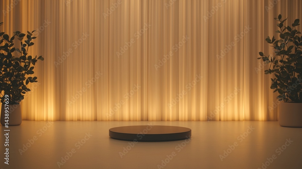Poster a minimalist stage setup with soft lighting, featuring a circular platform and potted plants, creati