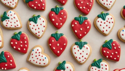 Many cookies shaped like a fruit with green decoration. Some are red with sprinkles, others are white with sprinkles. The cookies have a gold trim.