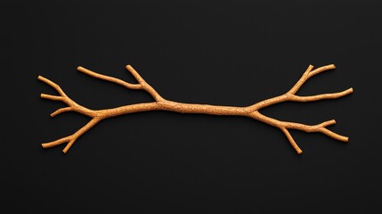 Fototapeta premium A simple, textured branch lies flat against a dark background, showcasing its natural forms and intricate patterns.