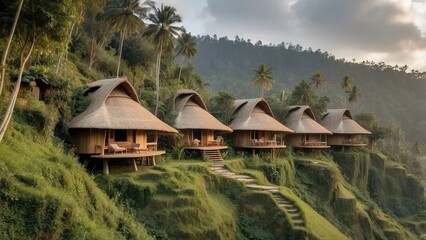 A serene landscape featuring three modern,