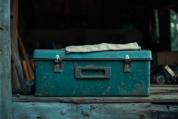 Dusty teal metal toolbox rests on weathered wooden planks.